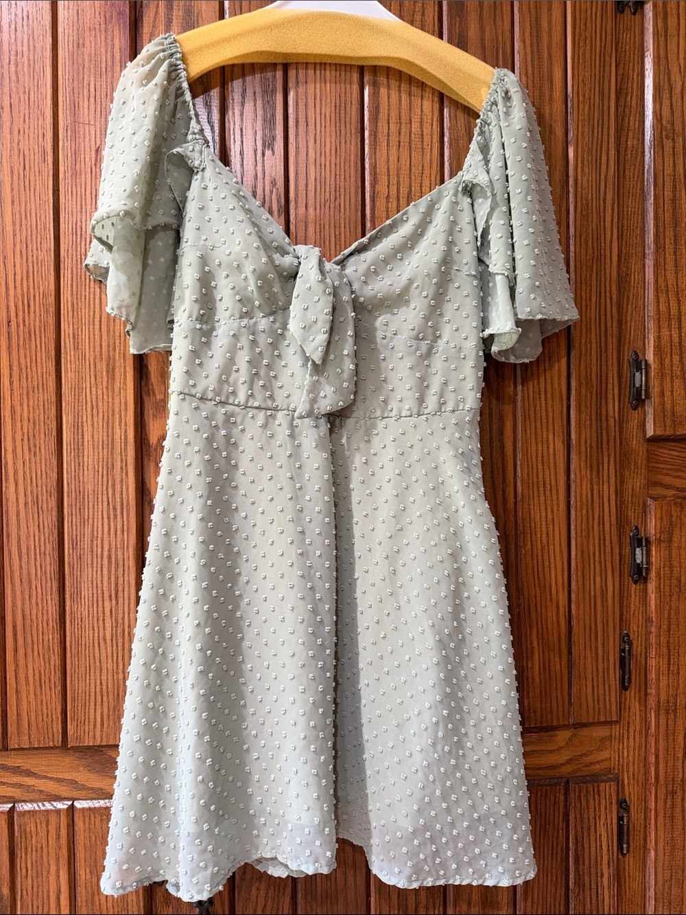 Altar'd State Light Sage Swiss Dot Tie-Front Mini Dress - size large
